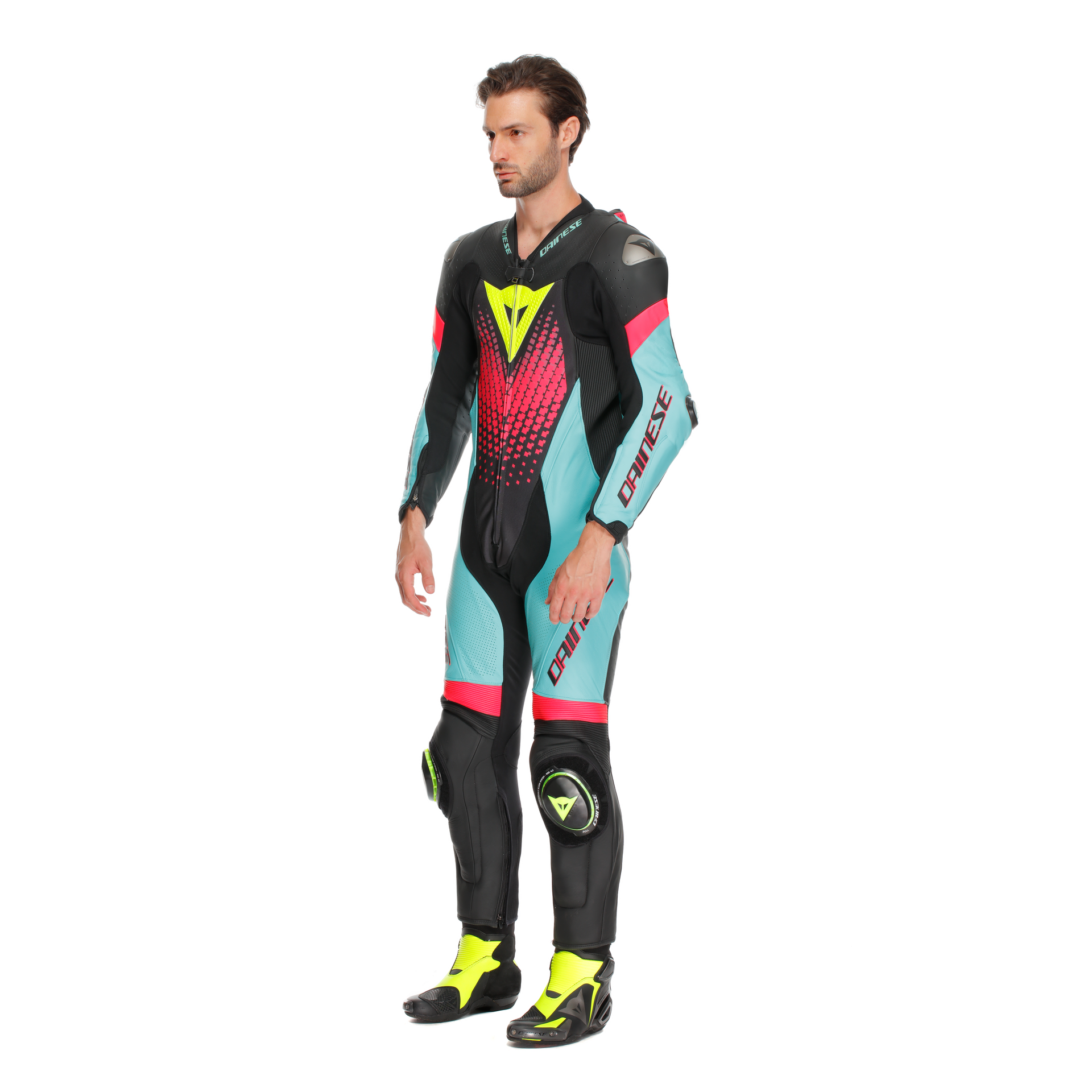 Dainese Laguna Seca 6 Einteiler Lederkombi – Perforierter Rennanzug | Herren | Türkis/Pink/Neon Gelb