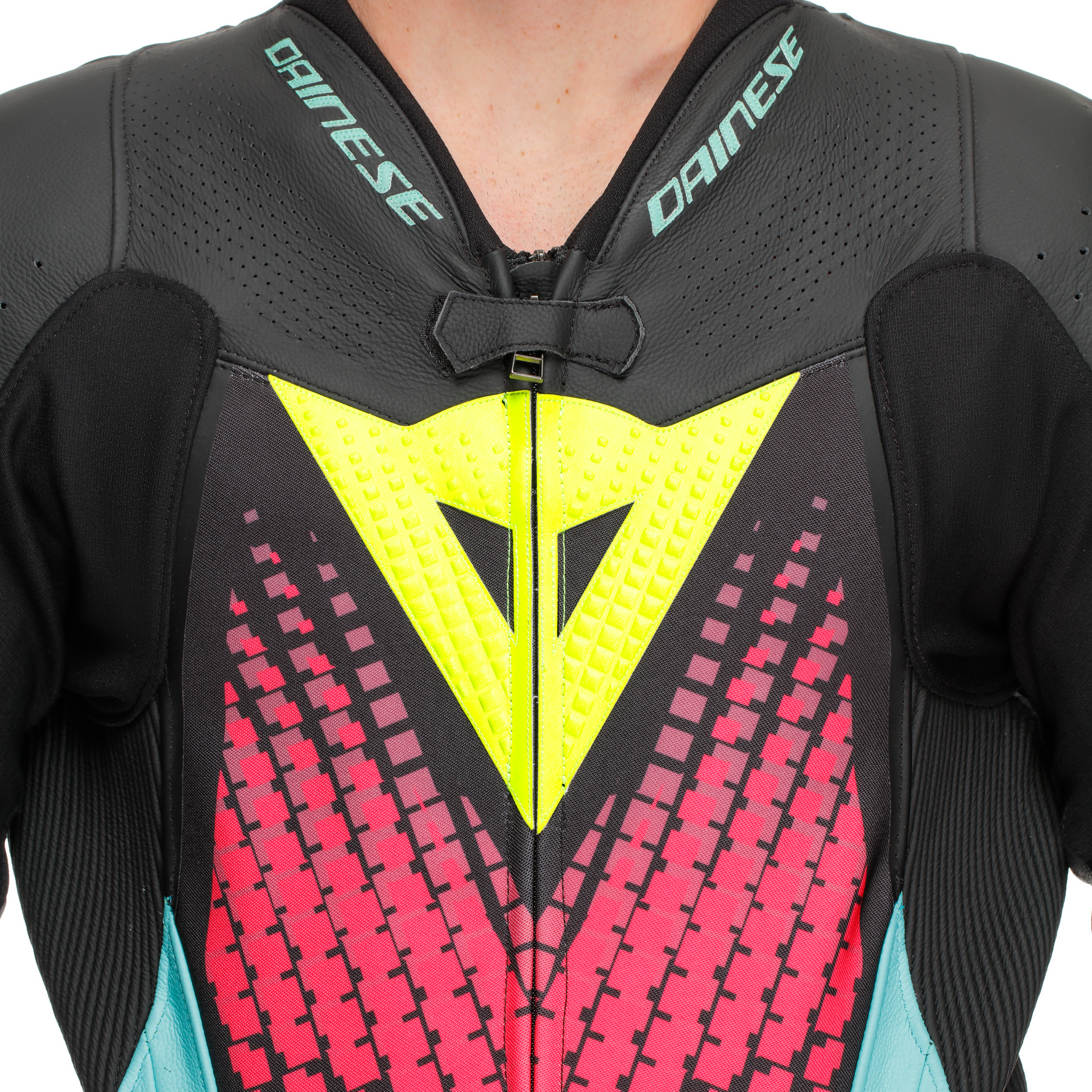 Dainese Laguna Seca 6 Einteiler Lederkombi – Perforierter Rennanzug | Herren | Türkis/Pink/Neon Gelb