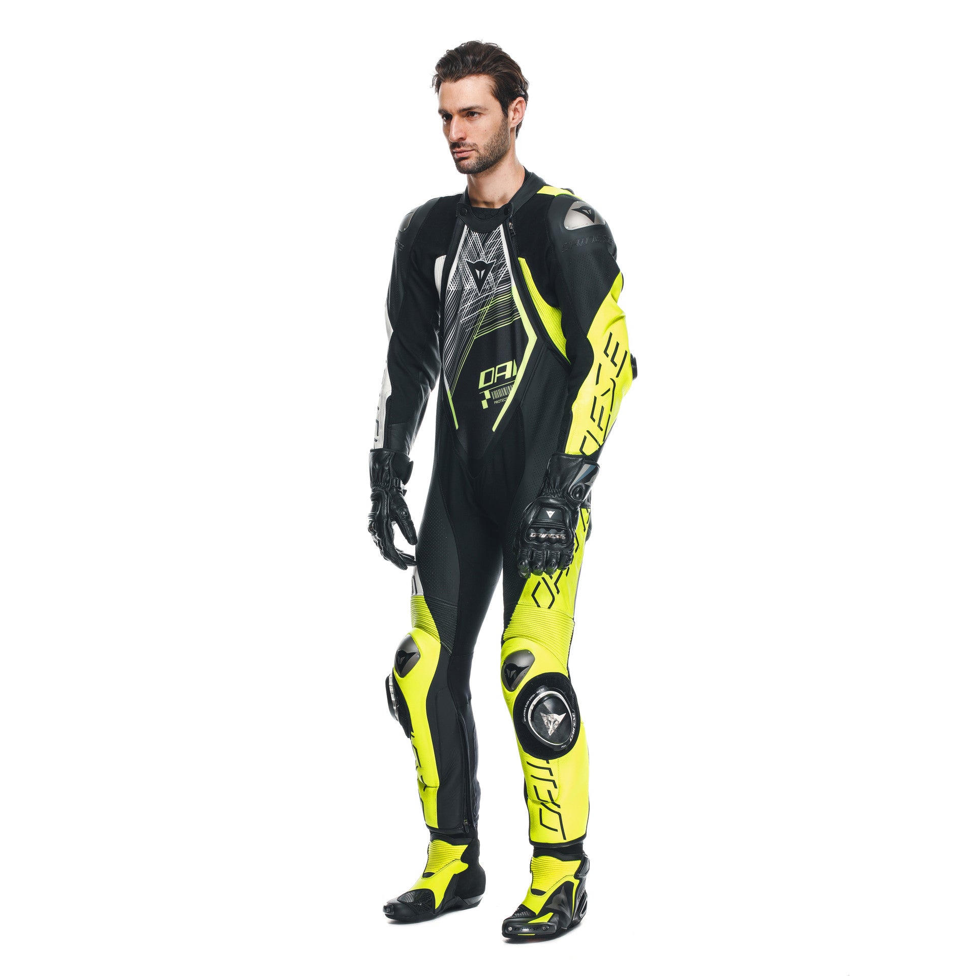 Dainese Audax D-ZIP Einteiler Lederkombi – Perforierter Rennanzug | Herren | Schwarz/Neon Gelb