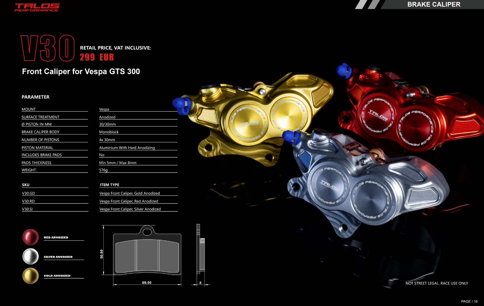 タロス V30 CNC モノブロック ブレーキキャリパー フロント | V30.RD 