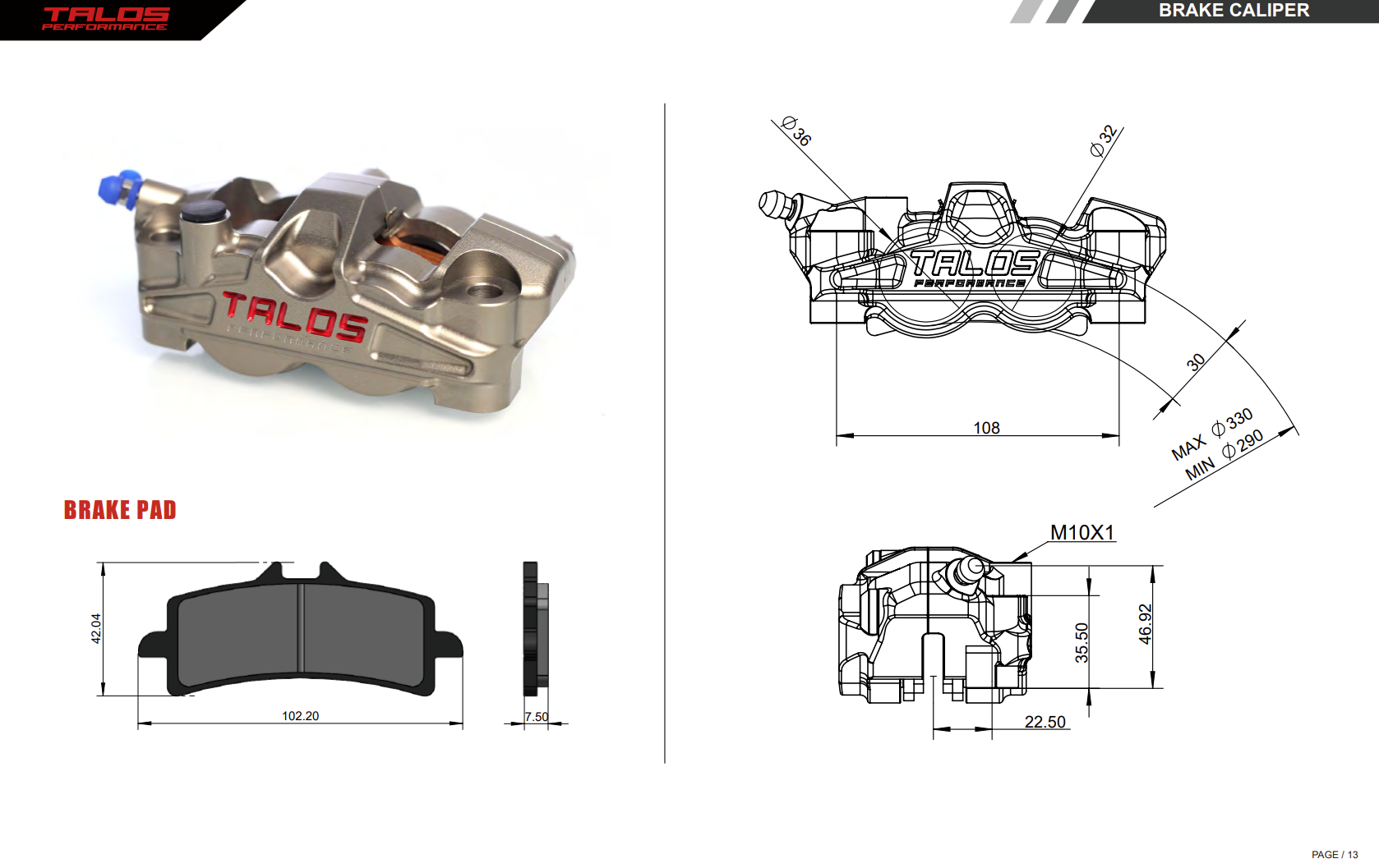 タロス X50 2ピース P4 32/36 108mm ブレーキキャリパー フロント 右 | X50.108.HD.R 