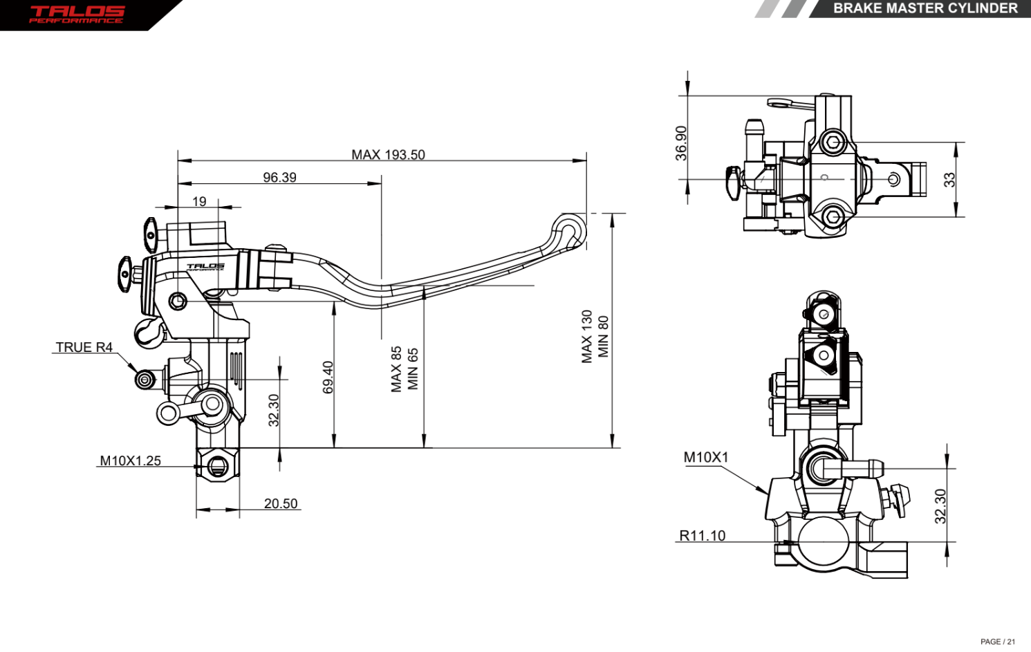 タロス CNC XS ラジアルレーシング ブレーキマスターシリンダー 19x18-20 | XS.19 