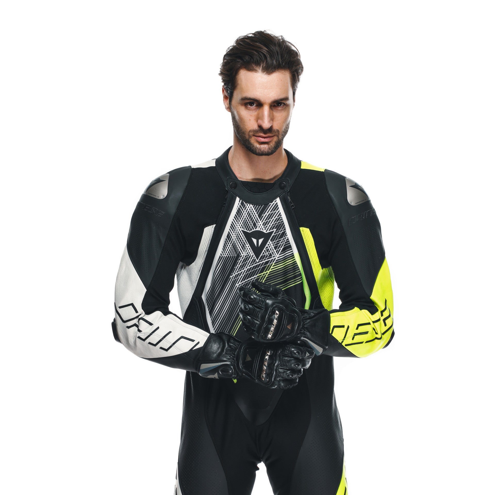 Dainese Audax D-ZIP Einteiler Lederkombi – Perforierter Rennanzug | Herren | Schwarz/Neon Gelb