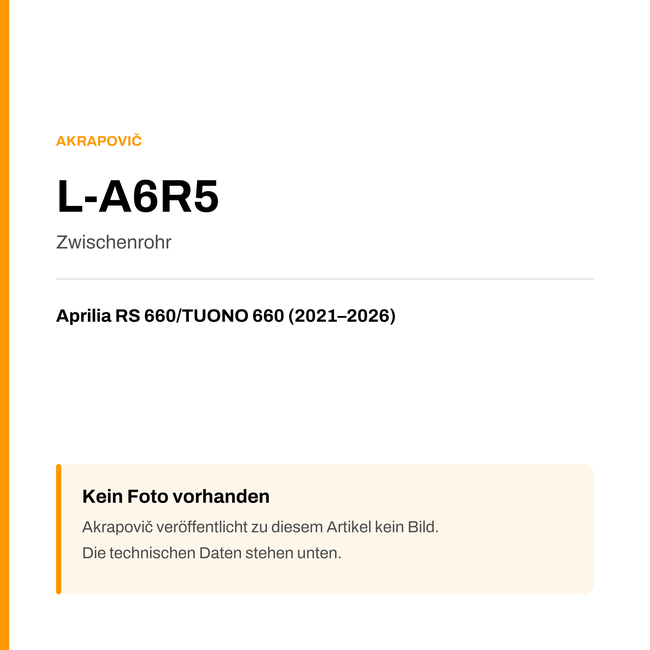 Akrapovic Zwischenrohr Aprilia RS 660 / TUONO 660 (21-26) L-A6R5 — Platzhalter, kein Herstellerfoto verfügbar