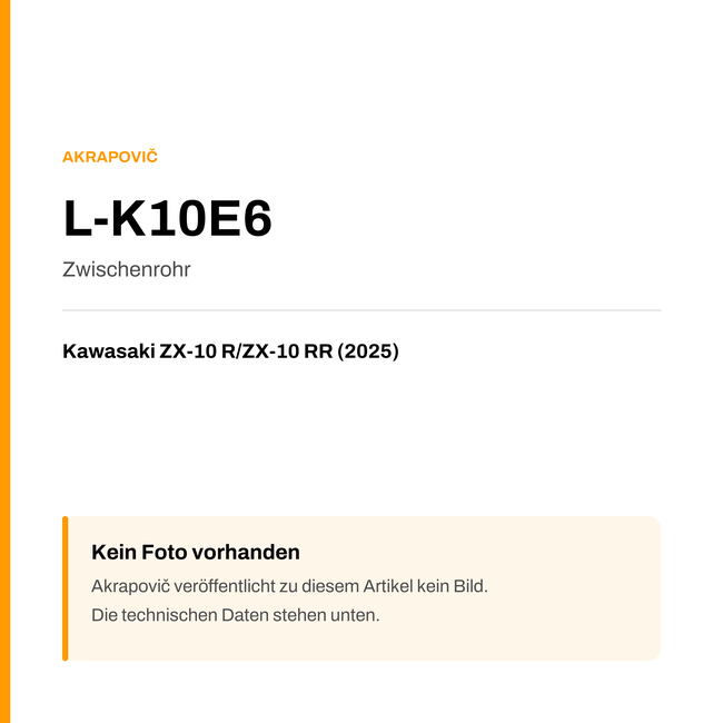 Akrapovic Zwischenrohr Kawasaki ZX-10 R / ZX-10 RR (25-25) L-K10E6 — Platzhalter, kein Herstellerfoto verfügbar