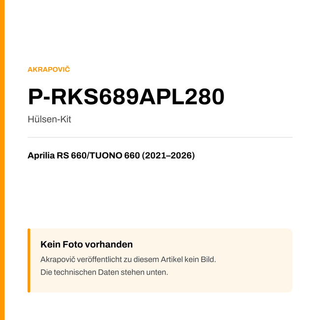 Akrapovic Hülsen-Kit Aprilia RS 660 / TUONO 660 (21-26) P-RKS689APL280 — Platzhalter, kein Herstellerfoto verfügbar