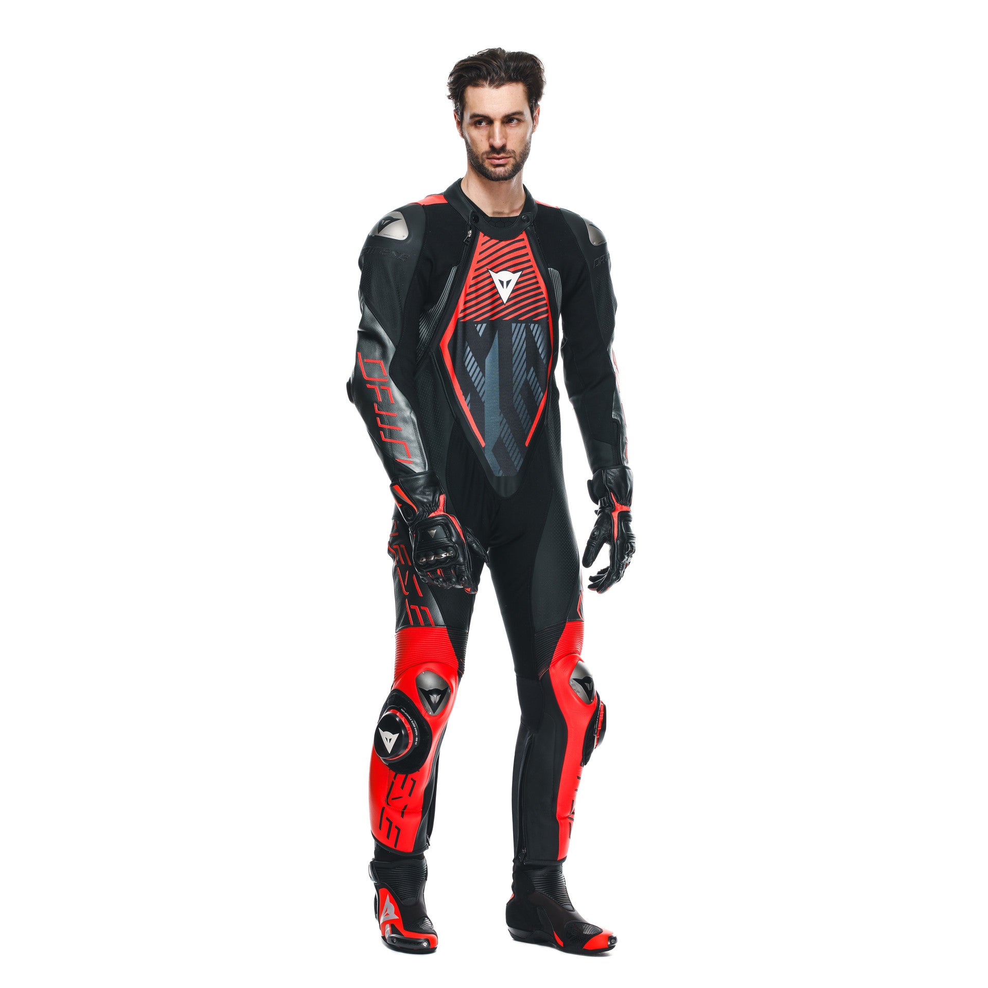 Dainese Audax D-ZIP Einteiler Lederkombi – Perforierter Rennanzug | Herren | Schwarz/Rot