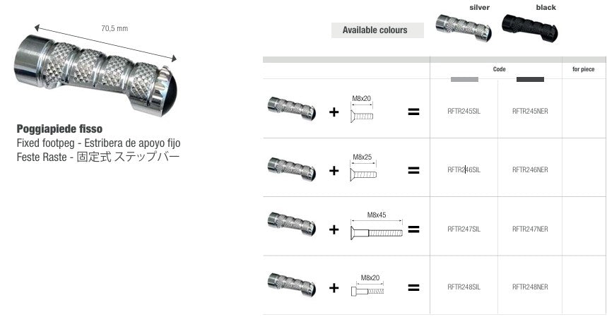 LighTech 交換フットレスト 固定 70.5 mm – シルバー/ブラック | RFTR245-248 