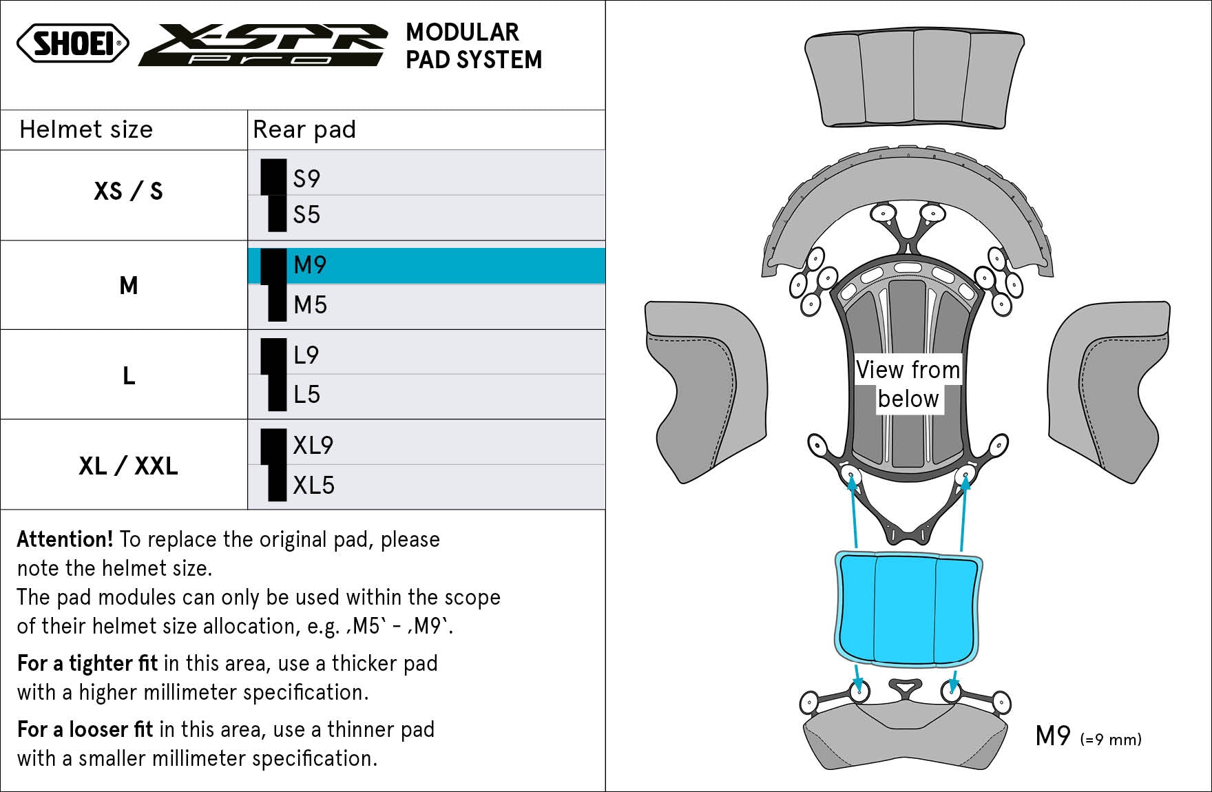 Shoei ヘッドパッド 後部 M9 (XPRO) タイプ-P X-SPR PRO 用 
