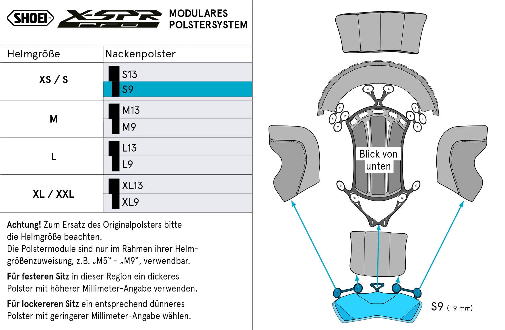 Shoei ヘッドパッド ネック S9 (XPRO) タイプ-P X-SPR PRO 用 