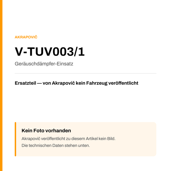 Akrapovic Geräuschdämpfer-Einsatz V-TUV003/1 — Platzhalter, kein Herstellerfoto verfügbar