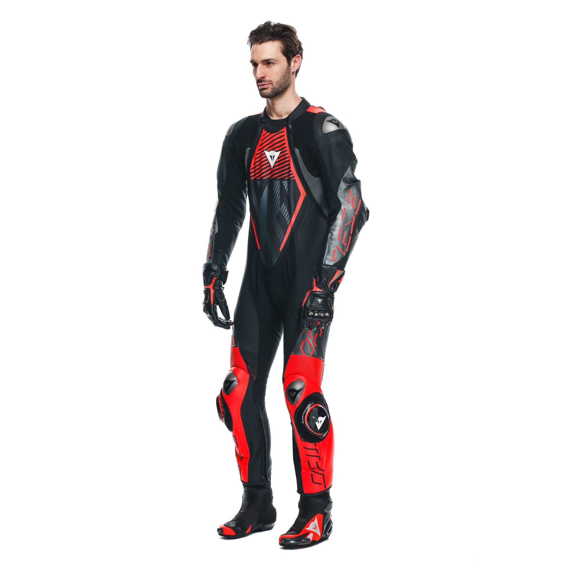 Dainese Audax D-ZIP Einteiler Lederkombi – Perforierter Rennanzug | Herren | Schwarz/Rot