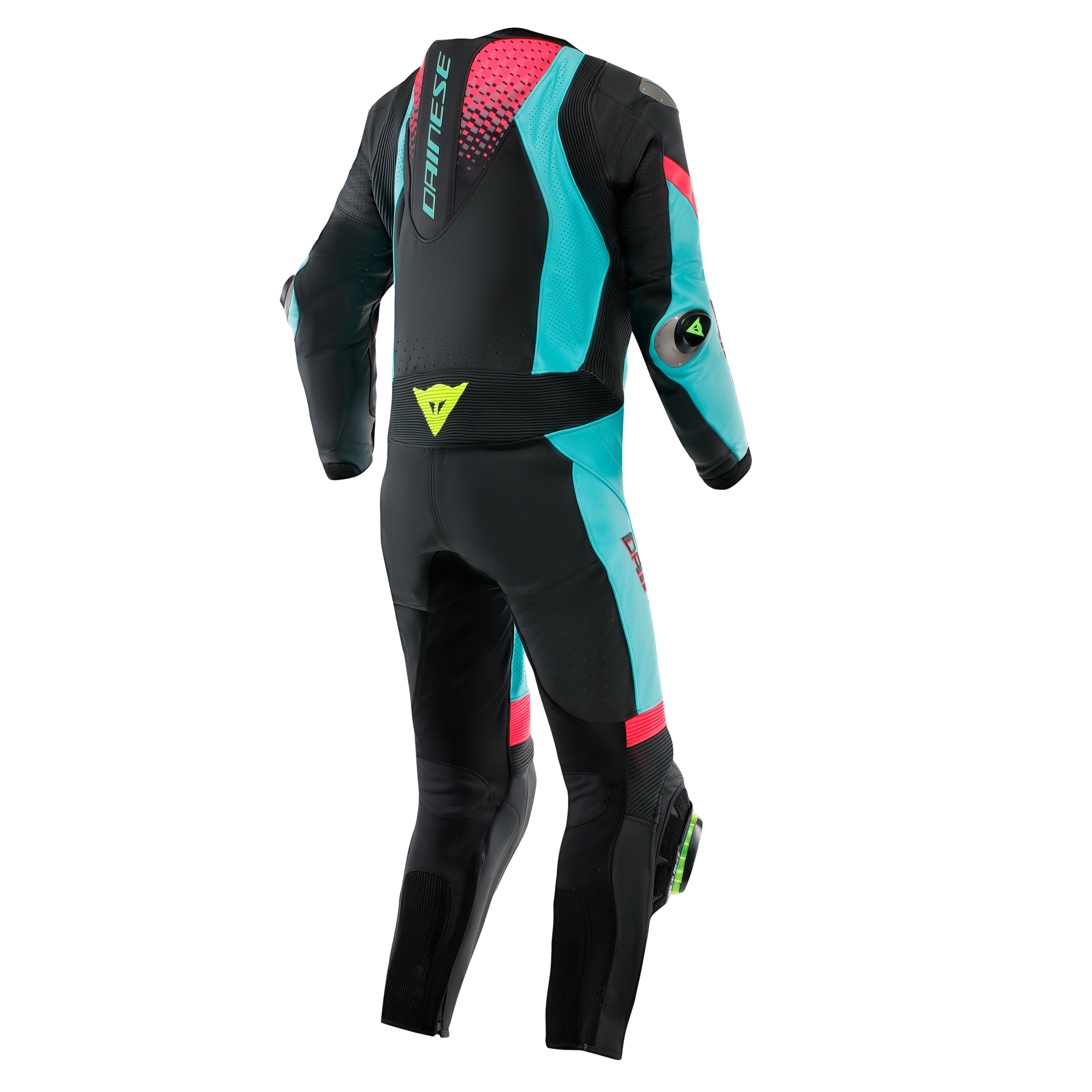 Dainese Laguna Seca 6 Einteiler Lederkombi – Perforierter Rennanzug | Herren | Türkis/Pink/Neon Gelb