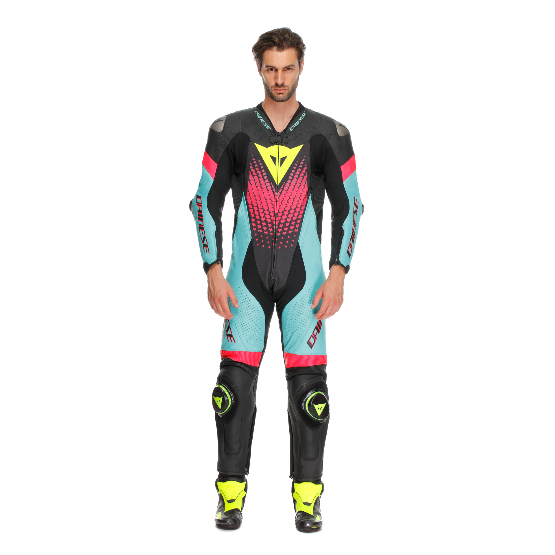 Dainese Laguna Seca 6 Einteiler Lederkombi – Perforierter Rennanzug | Herren | Türkis/Pink/Neon Gelb