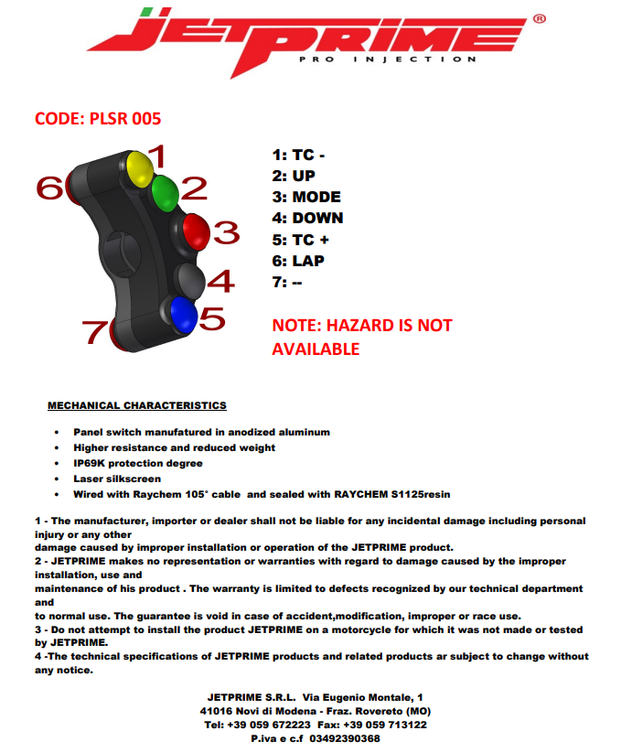 レース用ハンドルスイッチ 左側 JetPrime Ducati Panigale 959 (16-19) JP PLSR 005 