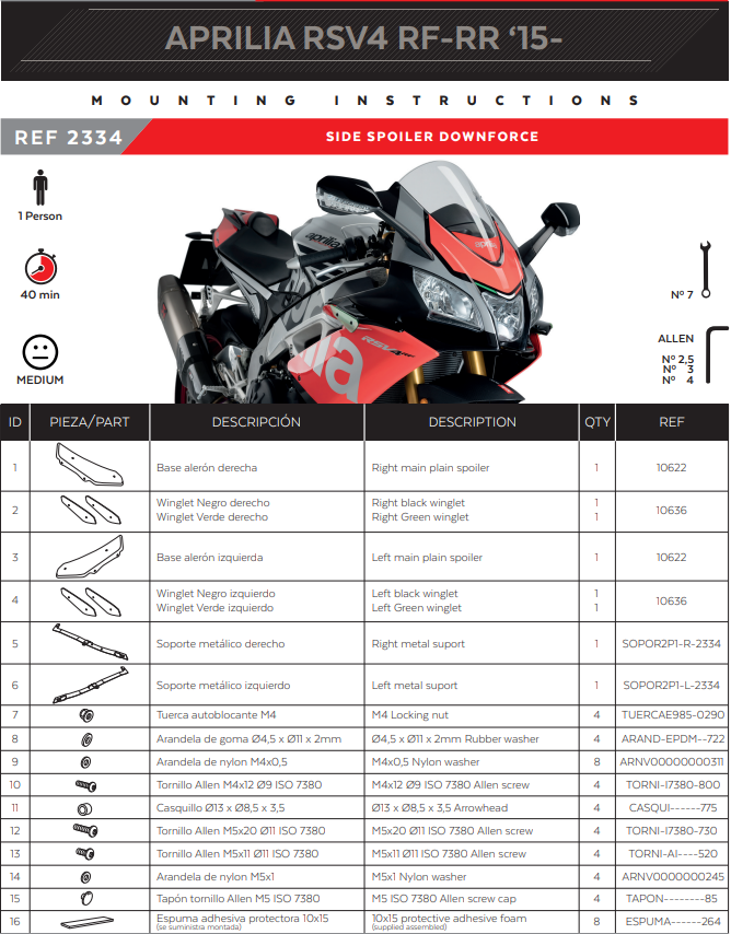 ウイングレット スポイラー ダウンフォース アプリリア RSV4/RR/RF/1100 ファクトリー (15-20) プイグ 2334 