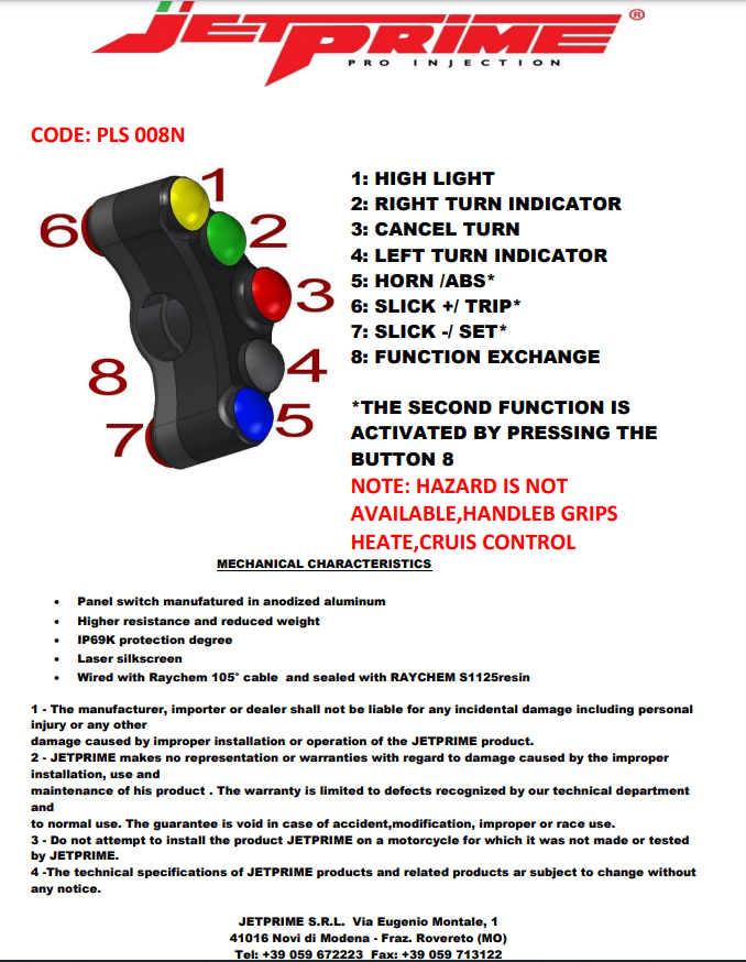 ハンドルスイッチ ストリート 左側 JetPrime BMW S1000RR K46 (15-18) JP PLS 008 