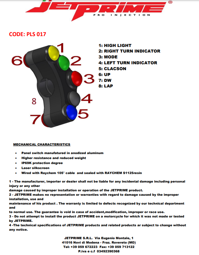 ハンドルスイッチ ストリート 左側 JetPrime ホンダ CBR 1000 RR SC77 (17-19) JP PLS 017 