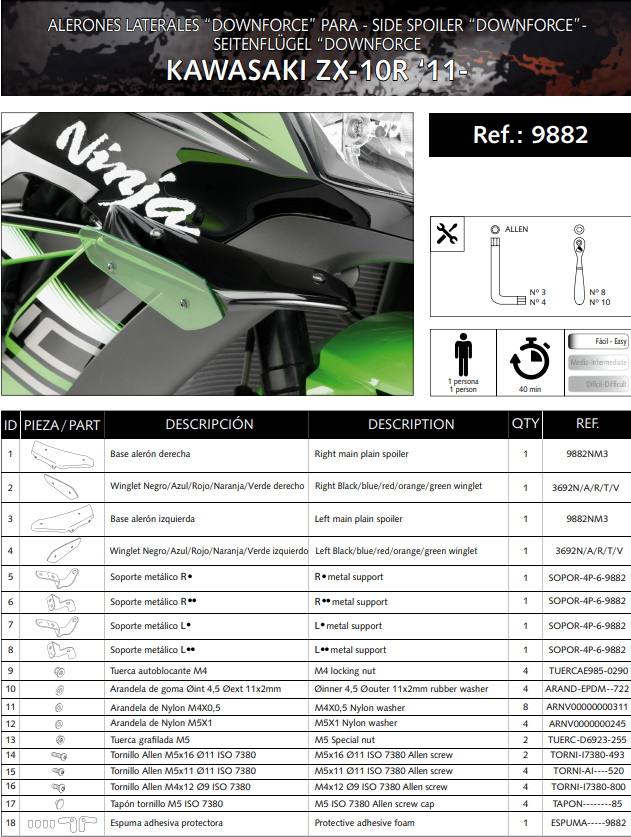 プイグウィングレットスポイラー ダウンフォース カワサキ ZX-10 R/RR (11-20) 9882 