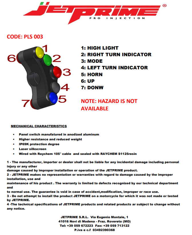 ジェットプライム ヤマハ YZF-R1/M RN32 RN49 (15-19) 用 ストリート 左側 ハンドルスイッチ JP PLS 003 