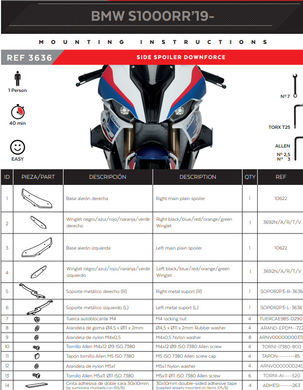 プイグ ウィングレット スポイラー ダウンフォース BMW S1000RR K67 (19-22) 3636 