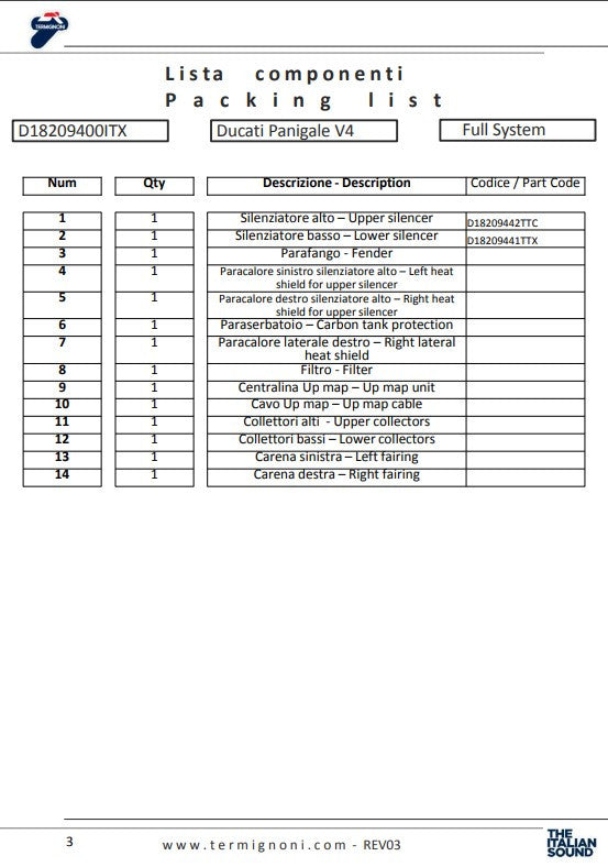 ターミニョーニ ステンレス製フルエキゾーストシステム 4USCITE ドゥカティ パニガーレ V4 R (19-24) D18209401ITX 