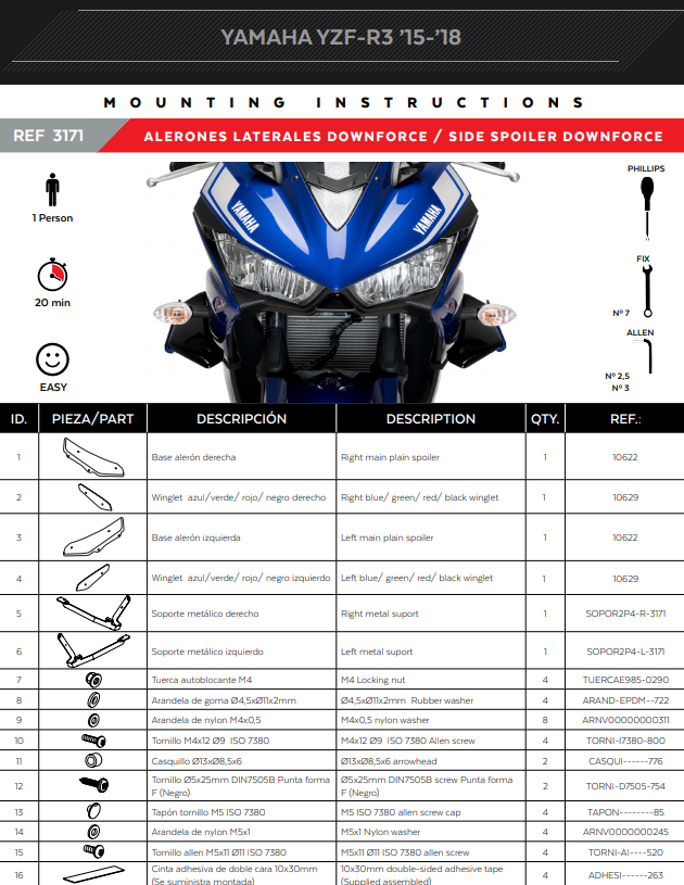 プイグ ウィングレット スポイラー ダウンフォース ヤマハ YZF-R3 (15-18) 3171 