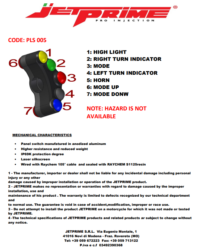 ストリート左側ハンドルスイッチ JetPrime Ducati Panigale 1199/R/S (12-17) JP PLS 005 