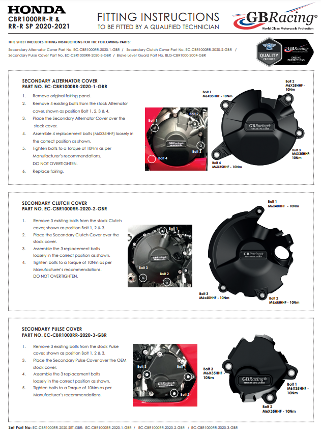 エンジンカバー プロテクター 完全セット GBRacing ホンダ CBR 1000 RR-R SC82 (20-25) 