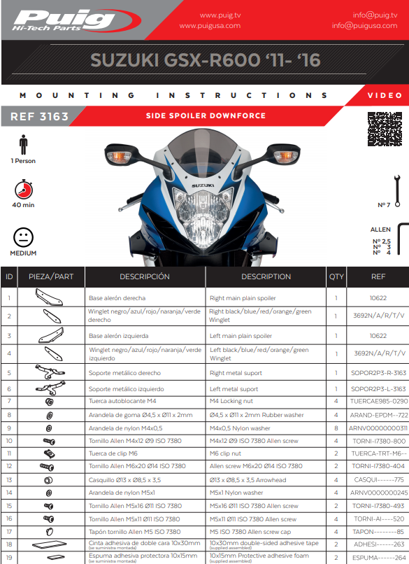 プイグウィングレットスポイラー ダウンフォース スズキ GSX-R 600/750 (11-16) 3163 