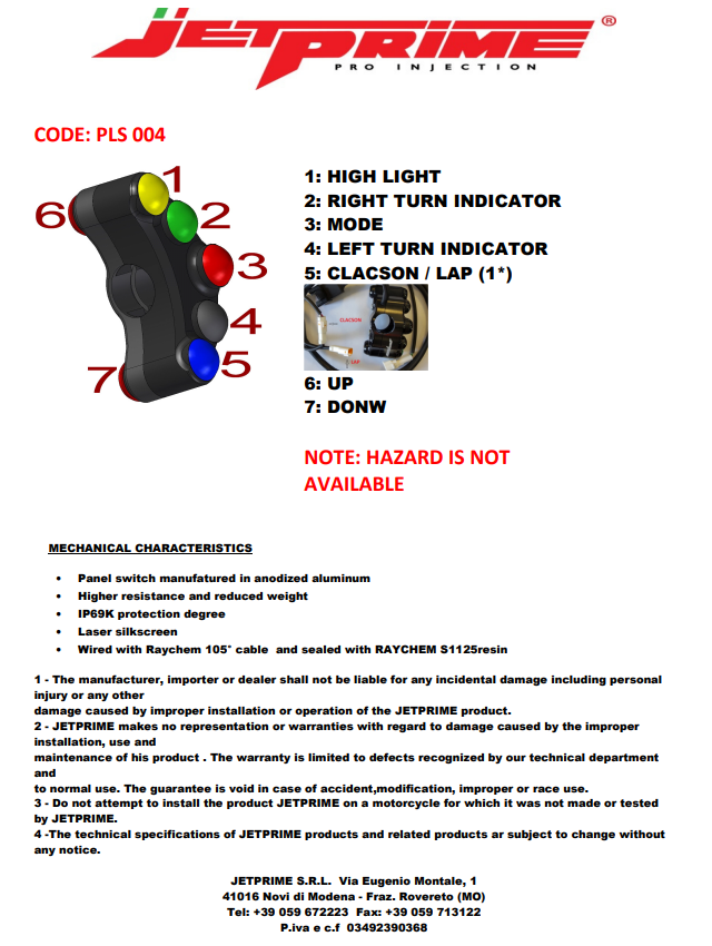 ストリート用ハンドルスイッチ 左側 JetPrime Kawasaki ZX-10 R/RR (16-20) JP PLS 004 