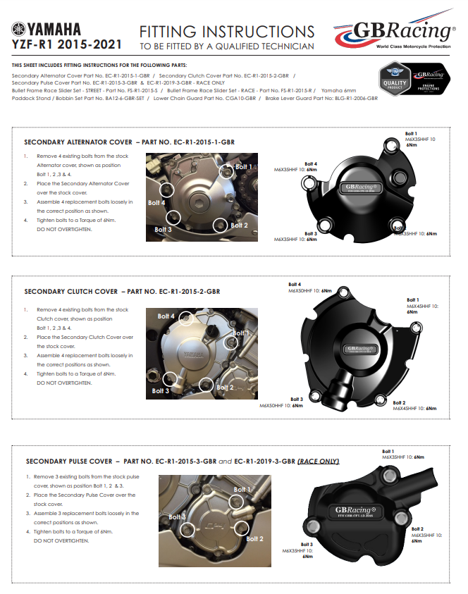エンジンカバー プロテクター 完全セット GBRacing Yamaha YZF-R1/M RN32, RN49 および RN65 (15-25) 