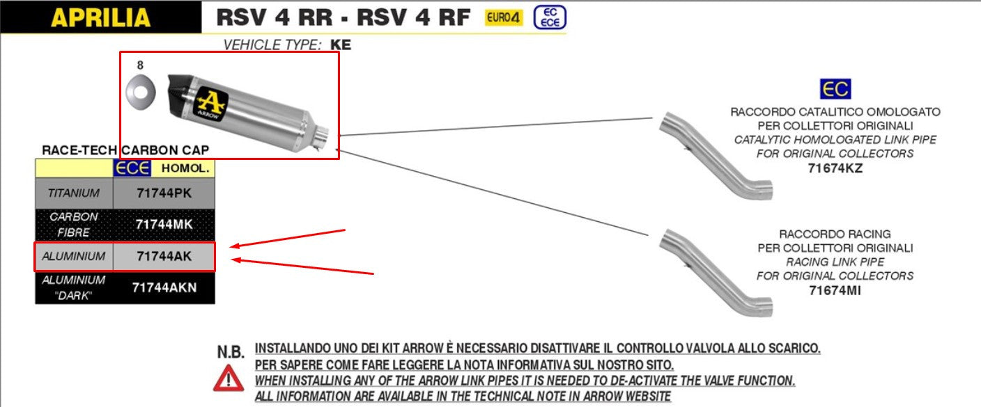 アロー スリップオン レーステック アルミニウム アプリリア RSV4/RR/RF (17-18) 71744AK 