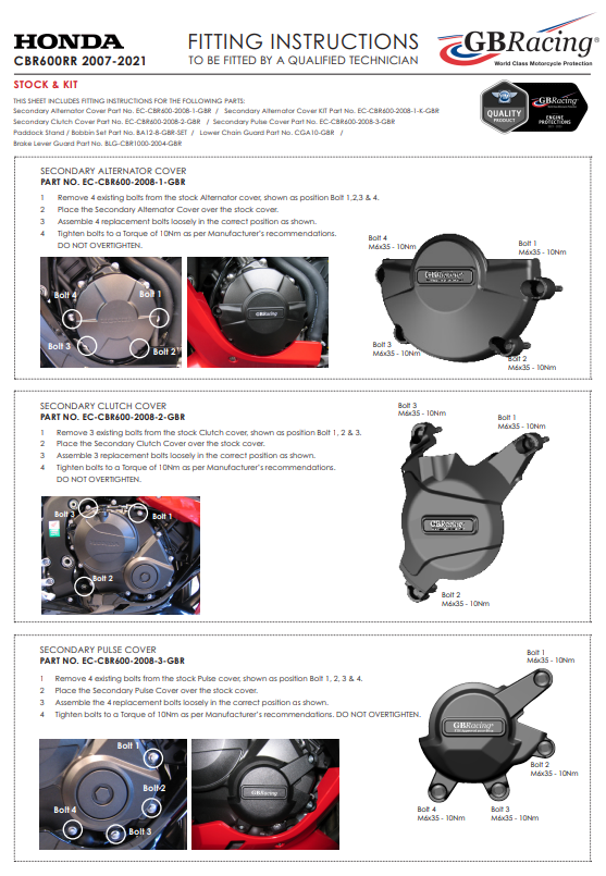 エンジンカバー プロテクター 完全セット GBRacing ホンダ CBR 600 RR (07-21) 